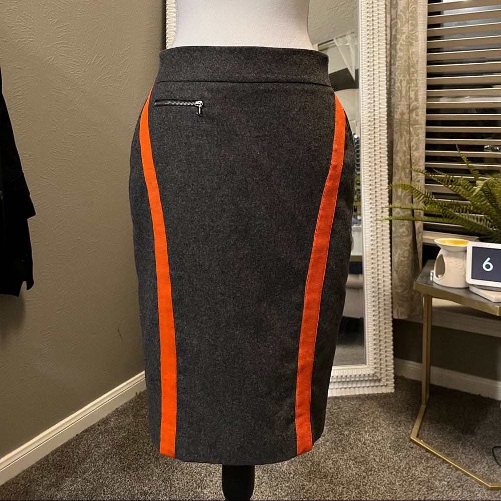 Gray pencil skirt with orange stripes